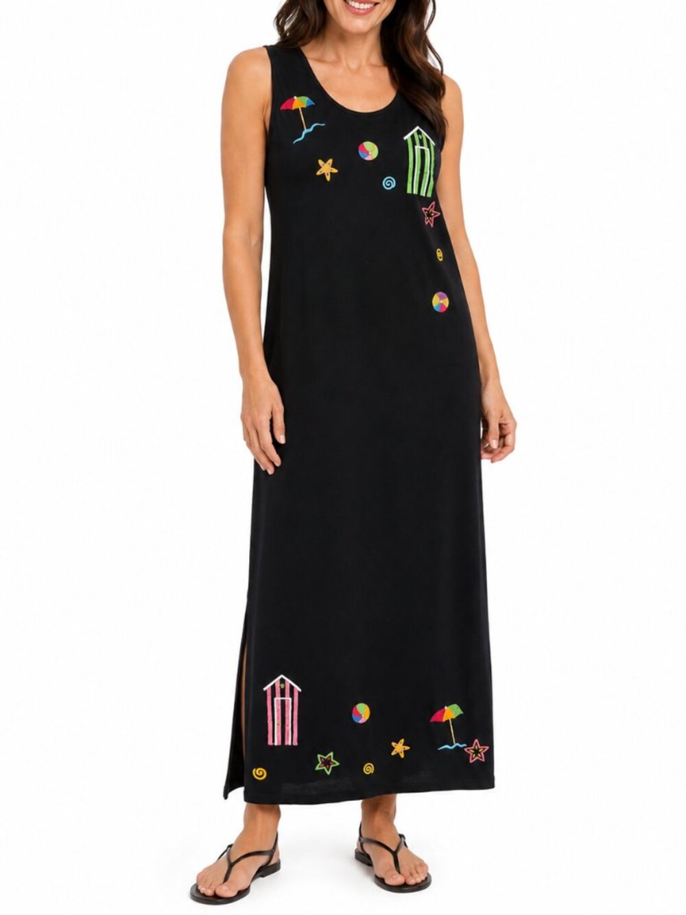 MICHAEL SIMON LITE Embroidered Beach Maxi Dress Black Medium 90s Vintage Teacher